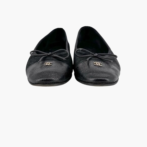Chanel CC Cap Toe Ballet Flats Black & Gold Textured Shoes Size 38.5 US 7.5-8 - Picture 5 of 14